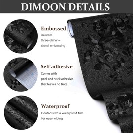 Dimoon 17.7''x393'' Black Peel and Stick Wallpaper Gothic Floral Wall Paper Contact Paper Closeout Renter Friendly Modern Self Adhesive Damask Cabinet Vinyl Roll(393''x17.7'', Black Floral Textured)