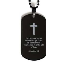 Ephesians 2 8 Necklace - Ephesians 2:8 Bible Verse Dog Tag Necklace for Men - Christian Bible Gifts for Women - Scripture with Cross - Religious, Inspirational Gifts for Him Her