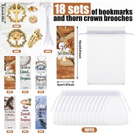 Supervitae 36 Pcs/ 18 Sets Crown of Thorns Lapel Pin with John 3: 16 Bookmark, Include 18 Pcs Christian Cross Brooch Pin 18 Pcs for God So Loved Bookmark for Religious Church Gift Sunday School