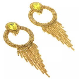 neXxtten Gold Tone Crystal Rhinestone Chain Tassel Clip-On Dangle Earrings ER2590-YLW