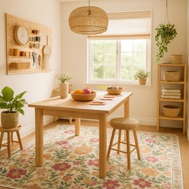 TIKIRUGI Boho Beige Washable 5X7 Area Rug for Living Room - Vintage Floral Low Pile Rugs for Bedroom, Kitchen, Kids Playroom, and Dining Room - Non-Slip, Ultra-Thin, and Super Strong