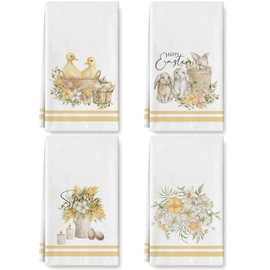 AnyDesign Easter Kitchen Dish Towel 18 x 28 Spring Holiday Floral Dishcloth Bunny Rabbit Duck Cloth Tea Towel Decorative Hand Towel for Bathroom Kitchen Cooking Baking Housewarming Gift, 4Pcs