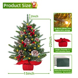 TURNMEON 22 Inch Realistic-Feel PE Tabletop Christmas Tree, Artificial Mini Small Christmas Tree with Timer 30 LED Warm White Lights 56 Red Berry 8 Snowy Pincone Cloth Base Xmas Tree Home Indoor Table