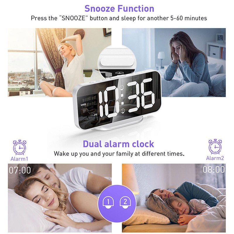 LED Mirror Electronic Clock Adjustable Brightness 6.7 Inch HD Digital