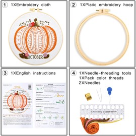 Easy Beginners Embroidery Stitches Practice Kits for Adults Kids, Fall Pumpkin Embroidery Starters Kits for Beginners to Learn 26 Stitches, Autumn Hand Embroidery Set Craft for Women & Video Tutorial