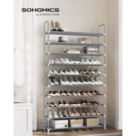 SONGMICS 10-Tier Shoe Rack, Shoe Storage for Hallway Closet, Slim and Space-Saving, Metal Frame, Non-Woven Fabric Shelves, Grey ULSR10G