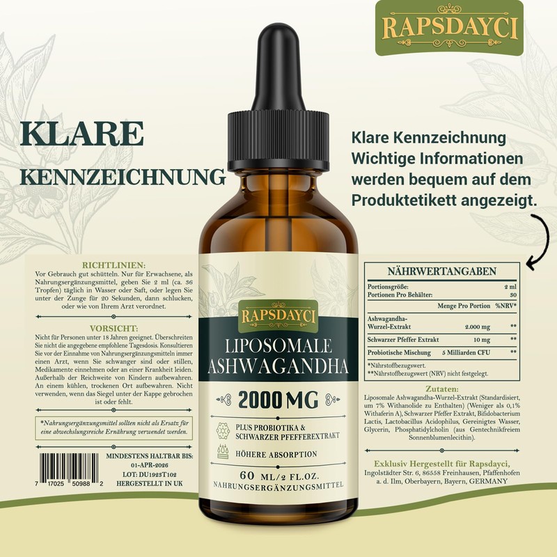 2000 mg Liposomal Ashwagandha Drops, High Dose Ashwagandha Root Extract,
