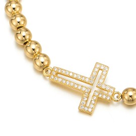 COOLSTEELANDBEYOND Gold Color Sparkling Beads Bracelet for Women with Cubic Zirconia Horizontal Sideway Cross