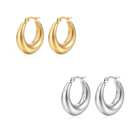 2 Pairs Chunky Gold Sliver Hoop Earrings 18k Gold Earrings For Women Hypoallergenic Gold And Silver 25mm Hoops Earrings Lightweight Huggie Earrings with Sterling Silver Post For Women Girls