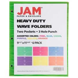 JAM PAPER Heavy Duty Plastic 3 Hole Punch Pocket Folders - Extra Tough School Folders - Assorted Wave Colors - 6/Pack
