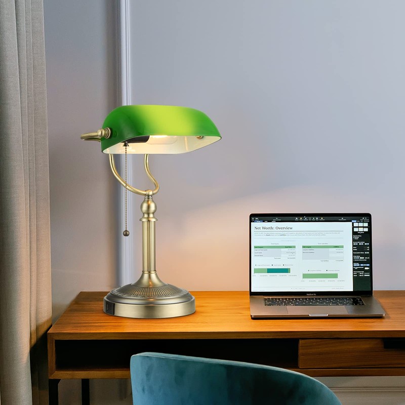 Newrays Green Glass Bankers Desk Lamp with Pull Chain Switch