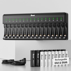 Bonai Rechargeable AA and AAA Batteries with Charger, 8 x 2800mAh AA & 8 x 1100mAh AAA & 16 Bay Advanced Individual Fast Battery Charge with American AC Plug