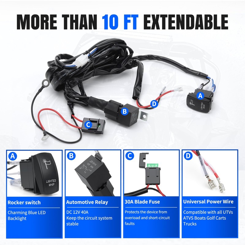 LKV Plug & Play UTV 360W Lighted Whip Wiring Harness