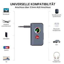 biaze Bluetooth 5.4 Transmitter and Receiver, 2 in 1 Wireless Audio Adapter with 3.5 mm AUX Connection for Use in Car, Dual Mode with Low Latency, HiFi Stereo, Plug and Play