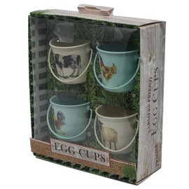 Set of 4 Metal Farm Friend Bucket Design Cockerel Handle Boiled Egg Cups Buckets