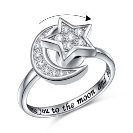 S925 Sterling Silver Spinner Fidget Rings for Women Star and Moon Adjustable Open Ring Engraved I Love You to the Moon and Back Spinner Gift for Her