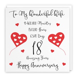 Hunts England - Romantic Wife 18th Wedding Anniversary Card - To My Wonderful Wife - 18 Amazing Years - Timeless Collection - Fun Cute Card