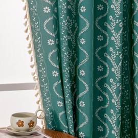 TIVNICO Teal Boho Linen Blend Curtains for Kitchen 2 Panels,Room Darking Rod Pocket Top Privacy Curtain for Bedroom Dining Tassels Decorative,Rustic Beige Floral Print Window Drapes 55x63 Inches