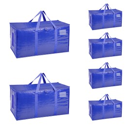 Extra Large Heavy Duty Moving Bags - Waterproof Storage Totes with Reinforced Handles & Zippers, Foldable for College Dorm Essentials, Clothes Storage & Travel (6-Pack Blue)