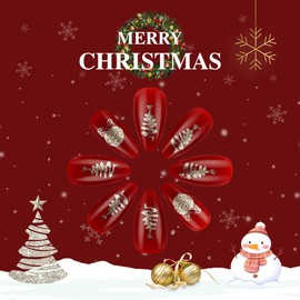 Christmas Press on Nails Long Almond Fake Nails with Gold Foil Design Snowflake Glue on Nails Xmas Tree Stick on Nails Wine Red Gift False Nails for Women Girls Winter Holiday Manicure 24pcs