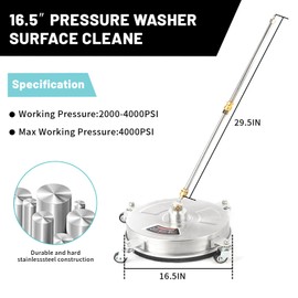 16.5" (16.5" Pressure Washer Surface Cleaner, Power Washer Surface Cleaner w/Extension Wand & 4 Wheels,Replacement Nozzle - Powerful Pressure Washer Attachment for Patios,4000PSI)