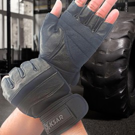 Weight Lifting Gym Workout Leather Gloves with Wrist Wrap Support for Men & Women, Full Palm Protection, for Weightlifting, Training, Fitness, Hanging, Pull ups (Black, M)