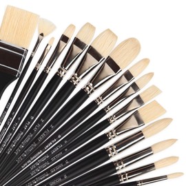 Natural Bristle Professional Paintbrushes Set | 15PCS Long Handled Paint Brushes for Acrylic Painting | Oil Paint Brushes of Fan, Round, Flat, Angled, Filbert, and Chip Tips with Bamboo Storage Pouch