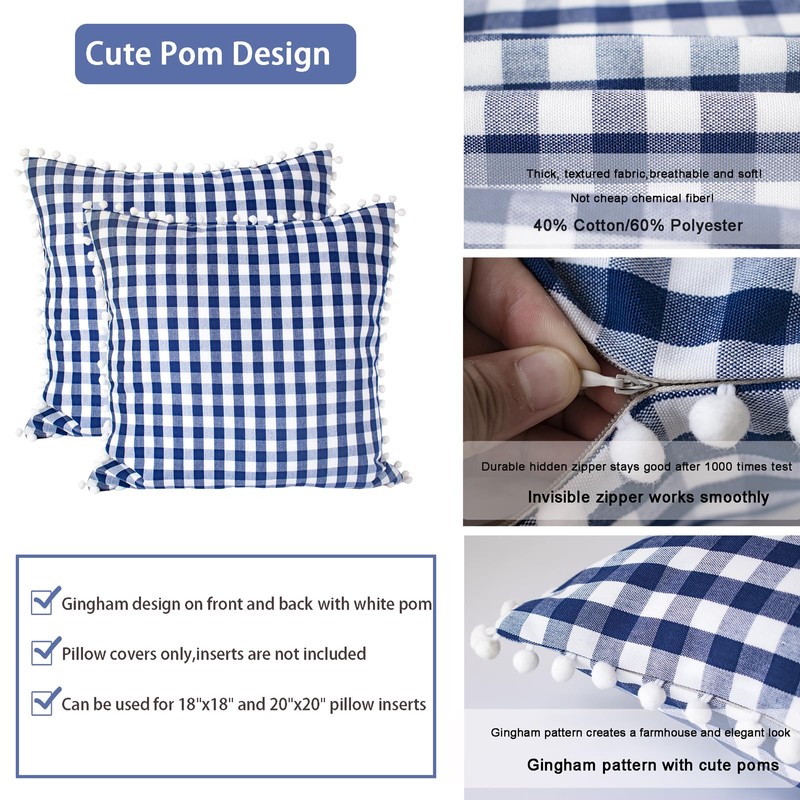 HOPLEE Summer Navy Blue Pillow Covers 18x18 Farmhouse Gingham Pillows