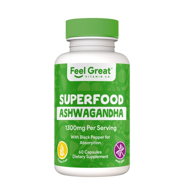 USDA Organic Superfood Ashwagandha by Feel Great Vitamin Co | Mood Enhancer, Supports Natural Stress Relief Supplement* | Immune & Thyroid Support* Tablets with Black Pepper for Maximum Absorption