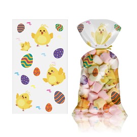 Easter Cellophane Bags with Base, Pack of 50 Easter Candy Treat Bags with Twist Ties for Children Easter Party Gift Items