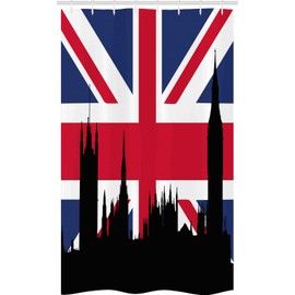 ABAKUHAUS Union Jack Slim Shower Curtain Historic City UK Bathroom Decoration Set Fabric with Hooks 120x180cm Royal Blue Black Red