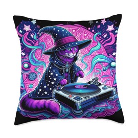 PLUR EDM DJ Wizard Kitty Music Festival Cat Essential Print Throw Pillow