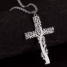 Jude Jewelers Stainless Steel Christian Cross Tree of Life Religious Prayer Church Christmas Baptizing Pendant Necklace (Silver)