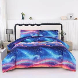 MAG 3Pcs Pink Microfiber Rainbow Comforter Full Size Set,Galaxy Girls Boys Kids Toddler Space Sets,Space Comforter Full Size,Star Bedding Set,No Flat Sheet.