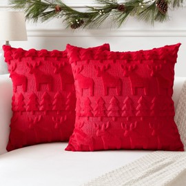 OTOSTAR Set of 2 Xmas Soft Plush Short Wool Velvet Decorative Throw Pillow Covers Square Luxury Style Cushion Case Pillow Shell for Sofa Bedroom Christmas Tree and Elk Red, 12x12 Inch
