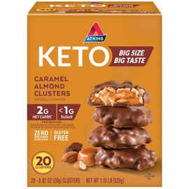 Atkins Caramel Almond Clusters, Gluten Free, High in Fiber, 1g Sugar, 2g Net Carb, Keto Friendly, 20 Count