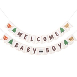 Woodland Welcome Baby Boy Banner - Forest Animals Birthday Decorations,Boys Gender Reveal Banner,Forest Fox Bear Welcome Baby Party Photo Props,Wild Camping Party Hanging Decoration