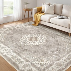 6x9 Area Rugs Living Room: Washable Boho Large Neutral Floral Rug Soft Farmhouse Indoor Floor Vintage Non Slip Carpet for Bedroom Nursery Kids Playroom Dining Room Office Home House- Brown