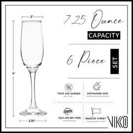 Vikko Champagne Flutes, 7.25 Ounce Toasting Champagne Flute, Crystal Clear Champagne Glasses, Set of 6 Elegant Sparkling Wine Glasses
