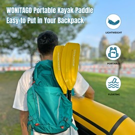 WONITAGO Kayak Paddles with Aluminum Shaft and PP Blade, Portable Kayaking Oars for Inflatable Kayak, Packrafts and Backpacking, Adjustable 220-240 cm/86-94 Inches, 5 Piece, Yellow