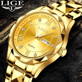 Lige NEW Men's Watch Quartz Luminous Date Dial 3ATM Waterproof Luxury Wristwatch Gold