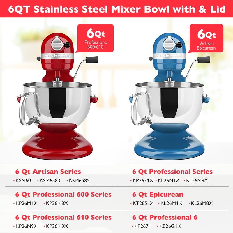 6QT Replacement Stainless Steel Bowl for KitchenAid Bowl-Lift Mixers