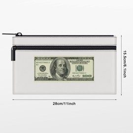 HAUTOCO Money Bag with Zipper 11x6.1 inch Money Pouch with Lined PU Leather Bank Bag Two Pockets Utility Wallet for Cash Check Receipt Coins Cosmetics, White