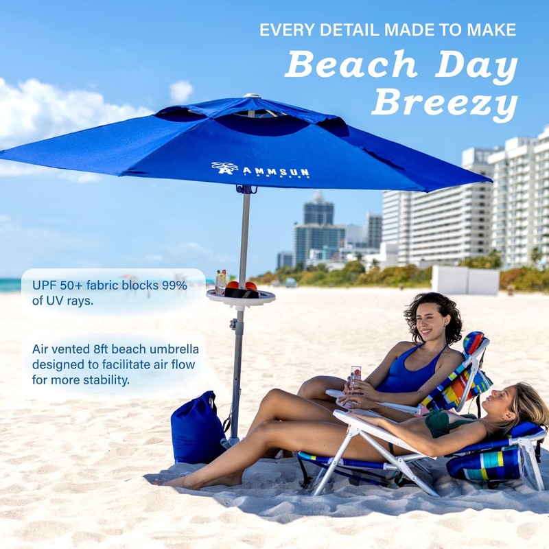 AMMSUN 8ft Large Beach Umbrellas for Sand Heavy Huty Wind