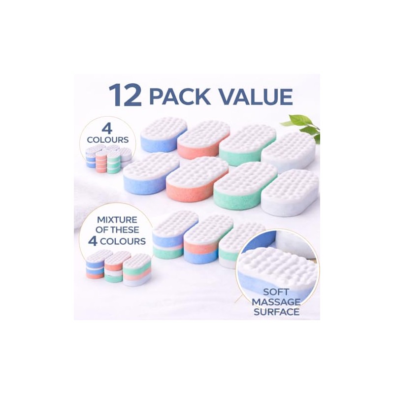12 Pack Body Bath Sponges – Exfoliating Massage Shower Sponge