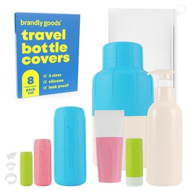 Brandly Goods Multi-Size Silicone Bottle Covers for Travel – Leak-Proof Stretchable Sleeves & Safety Clip Locks, Silicone Covers for Travel Toiletries, Bottle Sleeves for Traveling Essentials