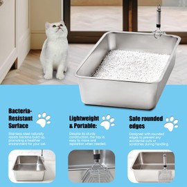 Stainless Steel Cat Litter Box with Scoop, XL High Side Cats Toilet Metal Kitten Litter Pan, Pet Cleaning Tool for Big and Small Cats, Rabbits, Splash-Proof and Non-Stick Cat Poop Box odorless