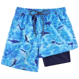 Kids4ever Boys Swimming Trunks Compression Liner Swim Shorts Blue Shark Printed Quick Dry Breathable Beach Shorts with Boxer Brief Anti Chafe Bathing Shorts 10-12 Years