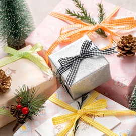 MORSUNBELA Gift Ribbon, Checked Ribbon, Gift Wrapping, Checked Ribbon, Decorative Ribbon, Yellow Checked Ribbon, for DIY Craft Cakes, Bouquet, Decoration, Christmas Party