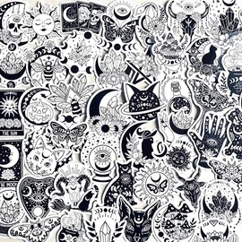 50PCS Boho Astrology Stickers Pack – Black White Witchy Gothic Vinyl Decals for Water Bottles, Laptops, Journals, Scrapbooking, Aesthetic Spiritual Stickers for Teens Adults
